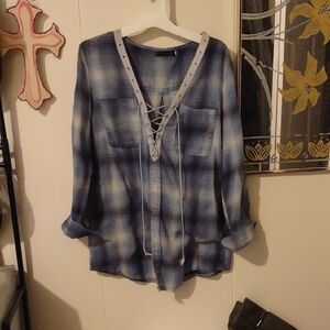Casual Lace-Up Plaid Blouse